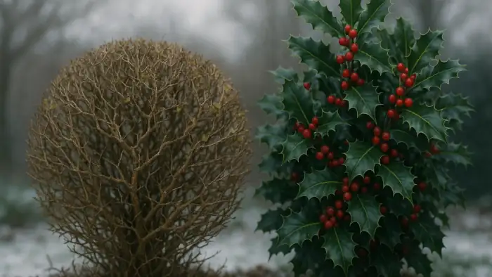 Gegenüberstellung von Buchsbaum, kahl und von Schädlingen befallen und Ilex, gesund und glänzend